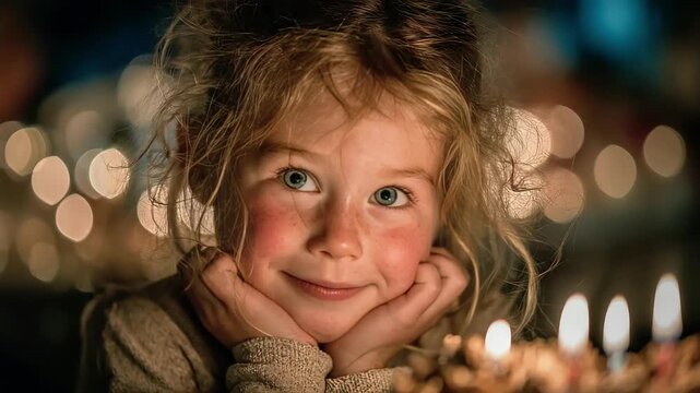 A heartwarming portrait of a young girl's radiant smile, illuminated by warm candlelight. Perfect for conveying happiness, innocence, and the magic of