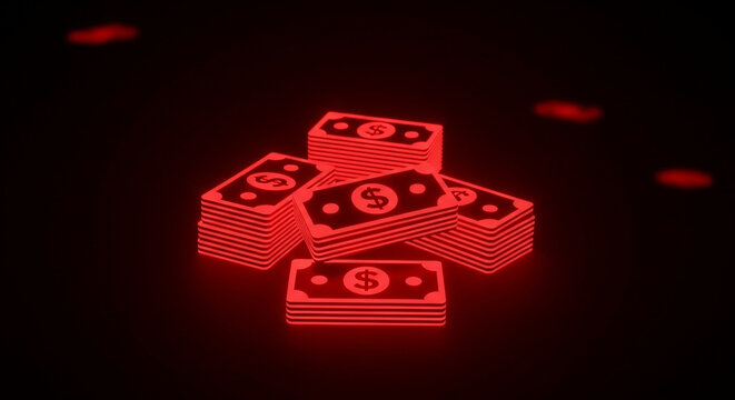 Vivid red light bathes stacks of money in a dark, mysterious setting, symbolizing financial risk, potential illicit gains, and the compelling allure of wealth and power