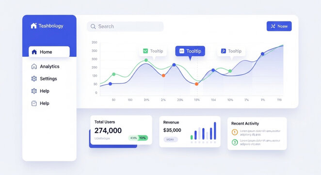 Modern Digital Dashboard Interface with Graphs and Data.