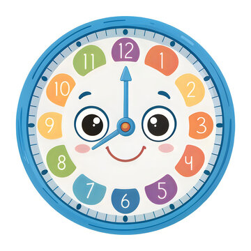 A cheerful, cartoon-style blue clock face with colorful numbers teaches children how to tell time.