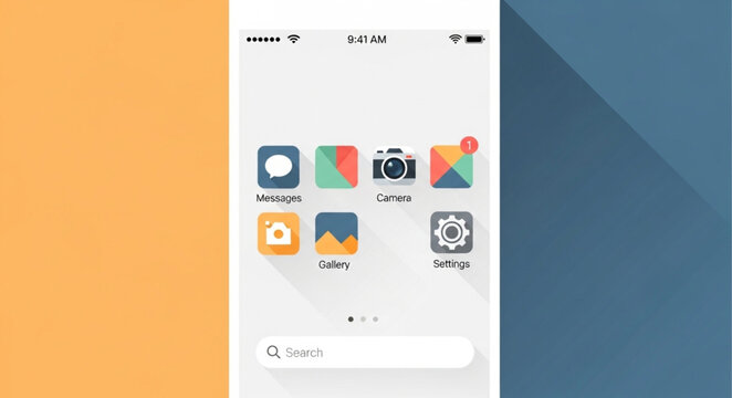 Modern smartphone screen displaying colorful app icons and search bar.