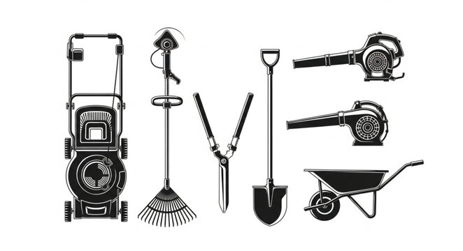 Collection of Garden Tools and Equipment for Yard Work.