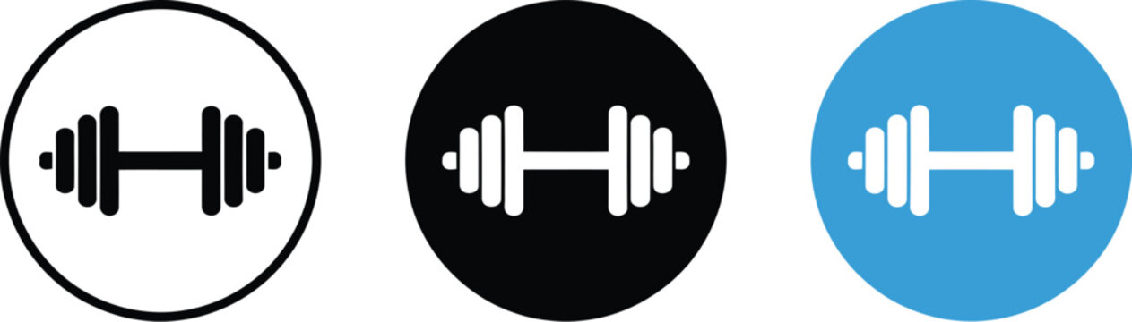 Dumbbell icons set, minimalist gym equipment symbols in three colored circles representing fitness exercise and strength training visuals.