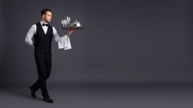 Professional waiter holding a silver serving tray with glasses and cover