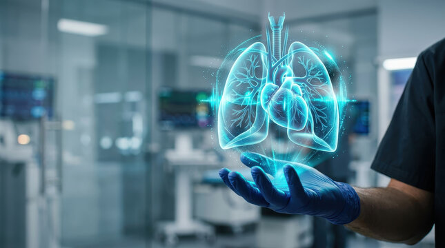 Medical hologram lung heart doctor glove hospital technology anatomy healthcare specialist holding glowing medical hologram of lung and heart modern hospital lab showing anatomy technology