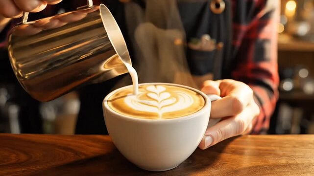 person pouring steamed milk into a cup of coffee on a wooden table in a cafe