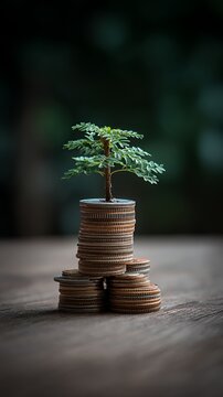 Wealth Growth: Money Stacks Nurturing Green Seedling
