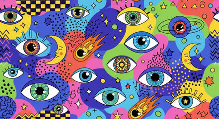 Naklejka premium Psychedelic Eyes and Celestial Bodies Pattern.