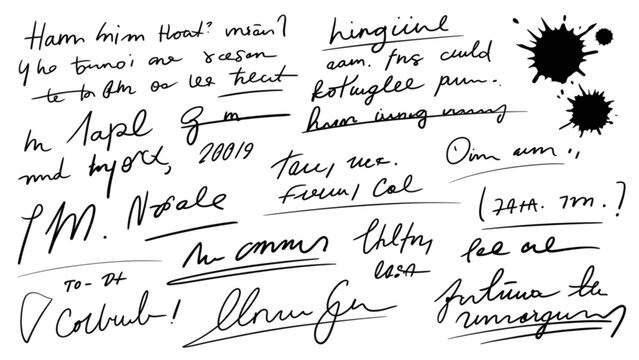 Handwritten mathematical and physics equations with inkblots and annotations on paper Vector