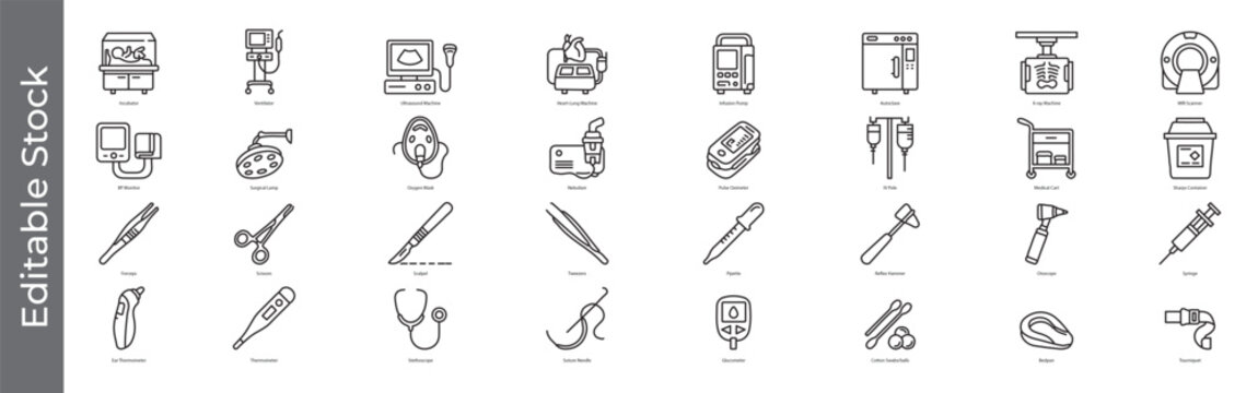 Medical equipment and surgical instruments icon set &ndash; editable outline symbols of hospital devices, monitor, ultrasound, ventilator, syringe, scalpel, stethoscope, thermometer and diagnostic devices
