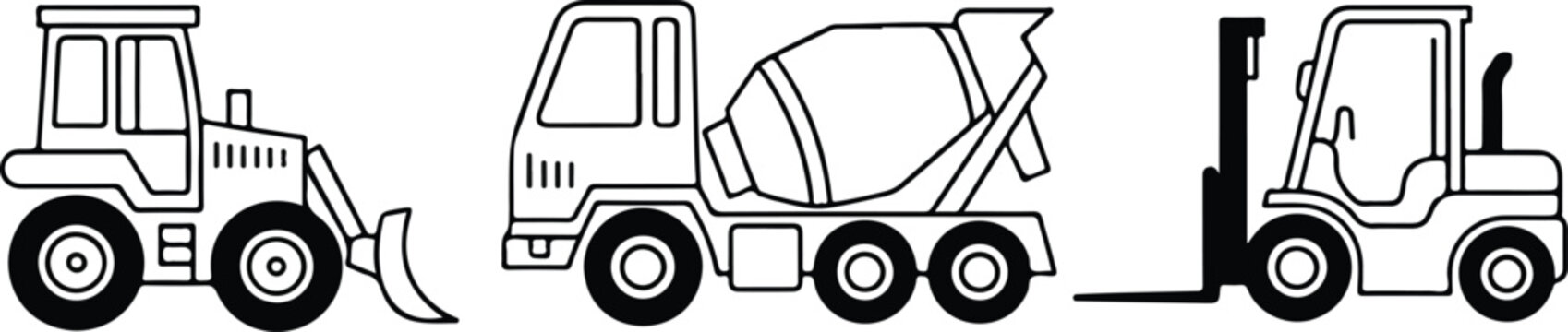 Playful construction vehicle lineup featuring excavator mixer bulldozer and loader vector illustration design