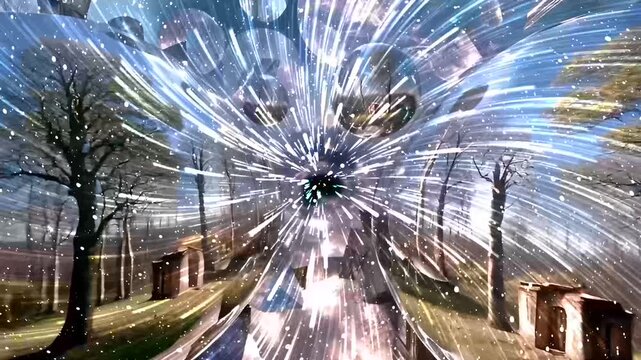Fantastical landscape with exploding star, trees, buildings suitable for fantasy book covers, digital art prints, scifi themed websites.
