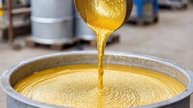 Molten gold metal is poured from a ladle into a large cauldron in a foundry or metal workshop.