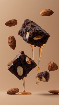 Floating chocolate brownie with almond and dripping honey on beige