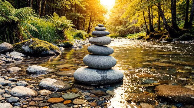 Zen stone cairn balanced on wet pebbles in a shallow, clear forest stream reflecting golden sunlight, creating a peaceful and tranquil natural scene