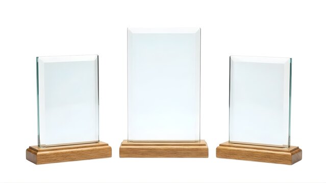 Three glass plaques on wooden bases for awards or recognition on a white background