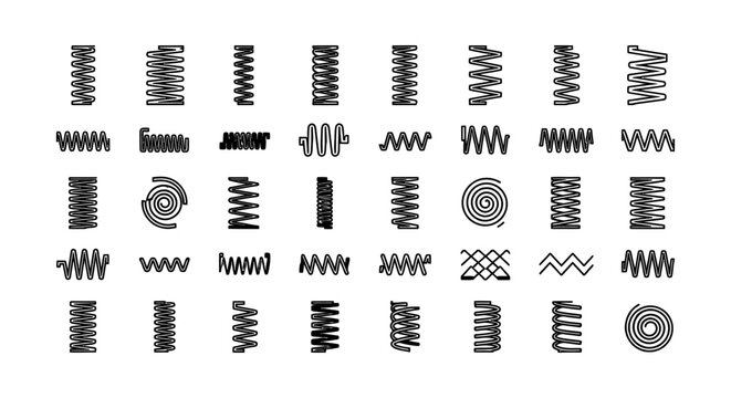 collection of different types of springs coils and wire shapes in black and white