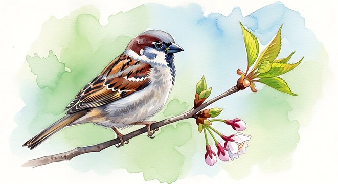 A serene sparrow perched delicately on a blossoming branch in nature's embrace