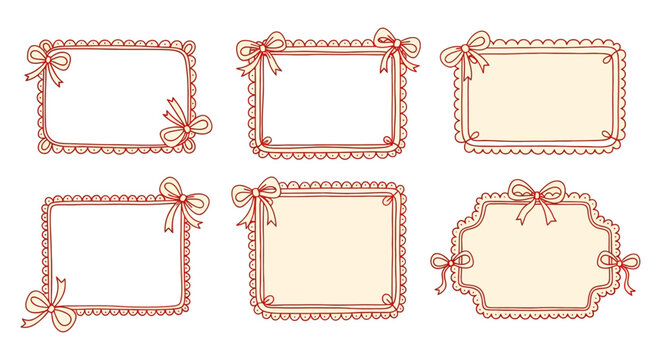 hand-drawn red frames with cute bows and scalloped edges perfect vector design elements for invitations greeting cards or decorative labels