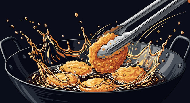 Dynamic deep frying food in wok with tongs illustration