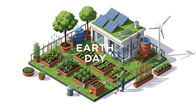 Isometric vector illustration showcasing Earth Day with a green roof house featuring solar panels, a wind turbine, and a vegetable garden, set against a clean white background promoting