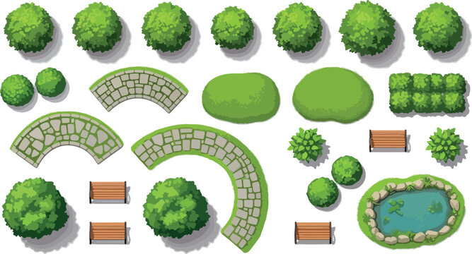 Landscape design elements top view, garden map creator with trees and bushes, architectural park planning vector set, stone paths and pond