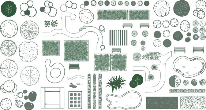 Landscape architecture symbols in top view, garden design elements for site planning, architectural master plan vector icons with trees and shrubs
