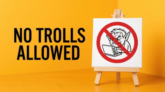 No Trolls Allowed message with a forbidden internet troll on a laptop displayed on a canvas
