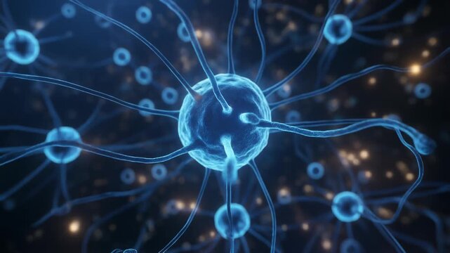 Neuron cell with axons and dendrites glowing blue against dark background with yellow spots