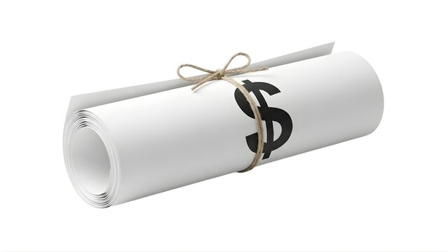 A rolled up bundle of money tied with twine and featuring a dollar sign