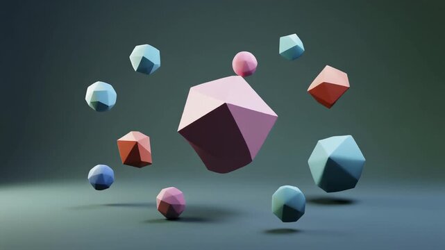 Colorful polyhedrons float in air around large pink dodecahedron on gray