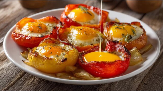 Person's hand piercing a baked bell pepper with a fork, causing the runny egg yolk to drip