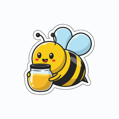 Obraz premium A cute bee holding honey dipper, flat vector mascot illustration.