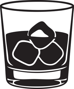 Black and white whiskey glass, rocks glass with ice cubes, monochrome drinkware, vector illustration