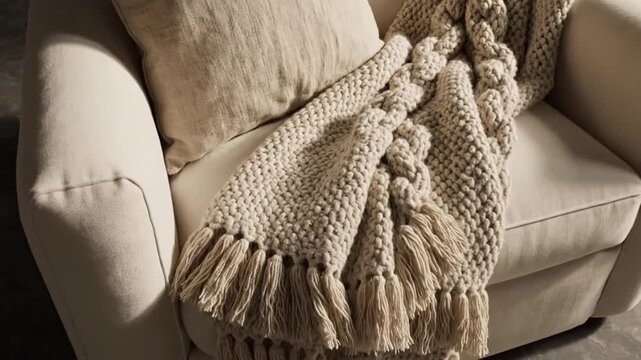 Overhead high-angle view of a modern cream-colored upholstered armchair styled with a beige linen pillow and a thick chunky cable knit wool throw blanket on a dark stone floor.