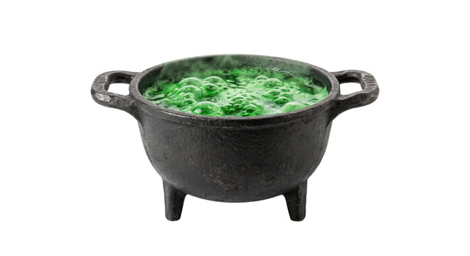 Bubbling green potion in a cast iron cauldron