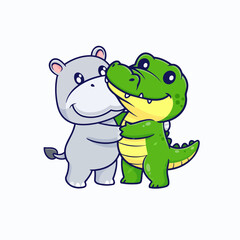 Fototapeta premium Cute of gray hippo and green crocodile are hug and smiling, flat vector mascot illustration.
