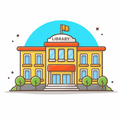 Obraz premium Library building with yellow walls, brown roof, and blue windows, flat vector mascot illustration.