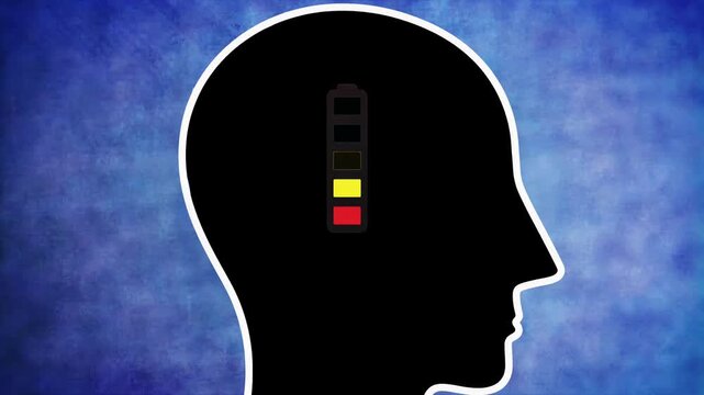A battery in head is running low. A symbol of exhaustion, burnout, and waning mental energy
