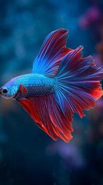 Close-up of a vibrant blue and red betta fish swimming against a dark blue background with cinematic lighting.