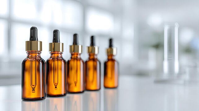 Serum Bottles in Laboratory: A close-up shot of several amber glass serum bottles, poised on a clean, laboratory work surface, creating a visual symphony of medical preparation and research.