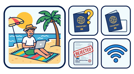 Fototapeta premium Digital Nomad Working on Beach with Visa Rejection and Passport Problems Icons