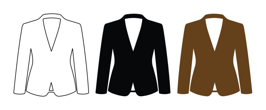 Professional women's blazer vector set, elegant business jacket in black, white outline, and brown, versatile formal wear for corporate fashion and office attire