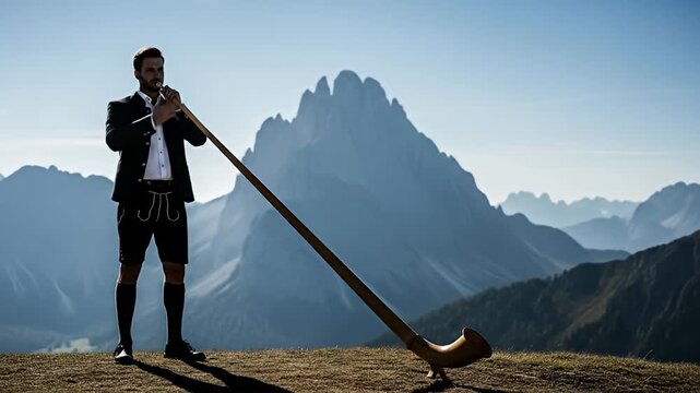 Man plays alpenhorn against a stunning mountain backdrop on a sunny day