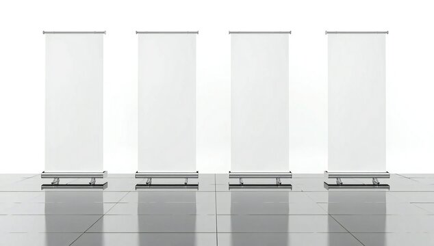 Four empty roller banners in a room