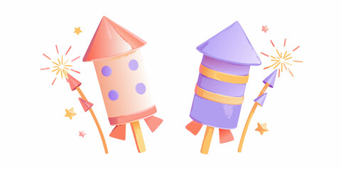 Colorful fireworks rockets with sparks and stars in a playful illustration © Sukla