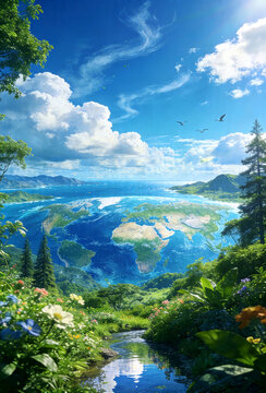 Earth's planetary visual seen on the surface of lake water in lush blue nature