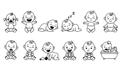 Cute cartoon baby set with different emotions and daily activities including crying laughing sleeping and bathing isolated on white background