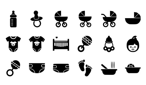Baby icon set vector with nursery items including bottle pacifier stroller and crib isolated on white background