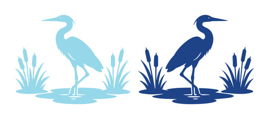 Fototapeta premium Elegant Heron Vector Silhouettes, a pair of blue and light blue wading birds in water with cattails, ideal for nature-themed branding and wetland conservation designs